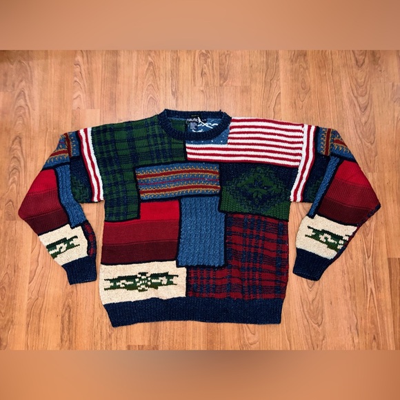 RARE Hand Knitted Nautica Grandpa Sweater( American flag) L